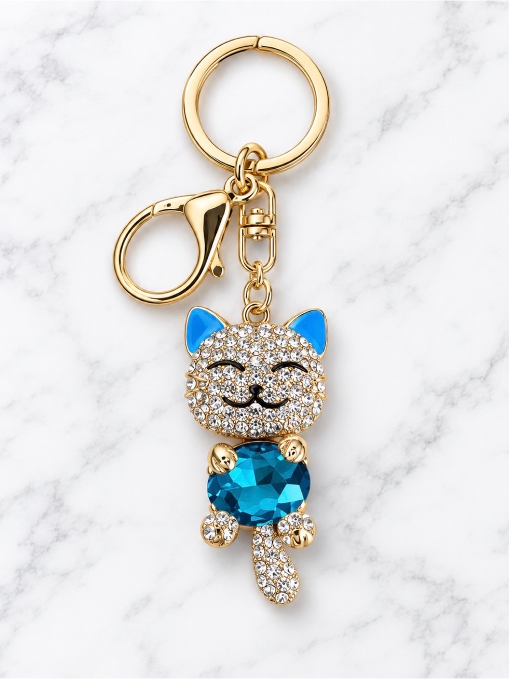Bag Charm/Keyring-Blue and White Rhinestone Lucky Cat Charm-Gold Hardware